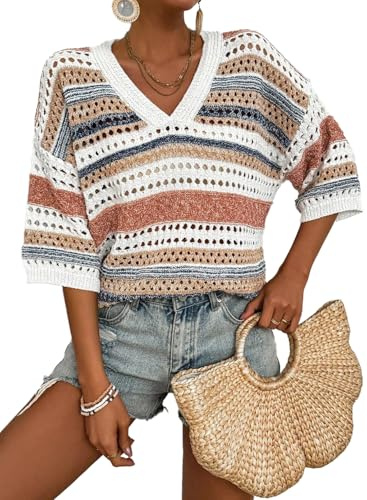 Acelitt Crochet Tops for Women Summer Short Sleeve Sweater, Khaki, Large