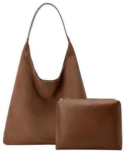 Damen Handtasche Wildleder Tote Bag Braun Shopper Umhängetasche mit Braun PU Leder Handgelenktasche Lässige Schultertasche für Täglichen Gebrauch