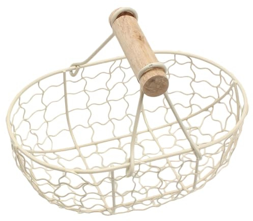 Garneck Wire Egg Basket with Wood Handle Beige Household Storage Basket Vintage Style Kitchen Organizer for Collecting Eggs and Vegetables