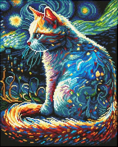 DIAMOND DOTZ 2593881 Original 5D Diamond Painting Set, Katze bei Nacht, DIY Diamant-Malerei-Kit mit runden Glitzersteinen, ab 12 Jahren, Intermediate