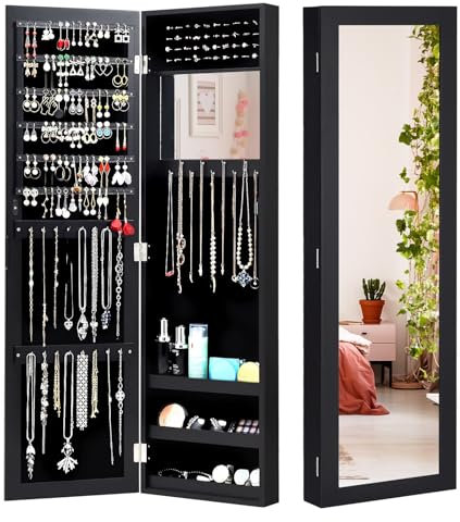 RELAX4LIFE Schmuckschrank 2 Spiegel, Spiegelschrank mit Schloss, Schmuckregal Tür- & Wandmontage, Schmuckorganizer für Ohrringe & Armband & Kette & Ringe & Kosmetik (Schwarz)