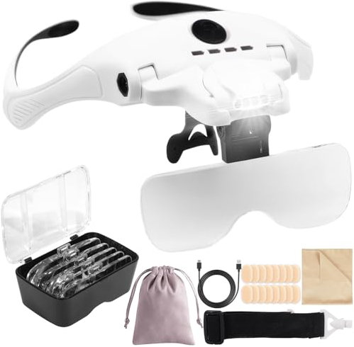 RDDAIPE Gafas Lupa con Luz Led, Gafas de Aumento Lupa con 4 Led,5 Lentes Desmontables (1x-3.5X),Gafas Aumento para Trabajo de Precisión,Diamond Painting, Joyería,Costura,Lectura,Relojero,Manualidades