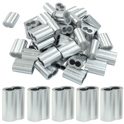 Cjueiom Aluminum Crimping Loop Sleeve, 3/16 Inch / 5mm, 50Pcs | Double Barrel Crimp Sleeves, For Wire Cable Rope Hanging, Silver