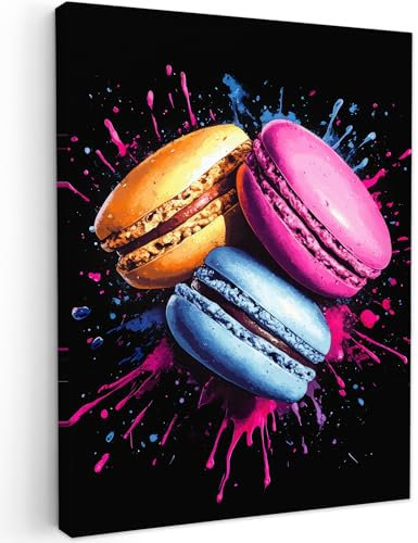 MuchoWow© Impression sur Toile Decoration Murale Peinture 60x80 cm Tableaux Decoratifs Muraux Déco Chambre Tableau Salon Macarons - Dessert - Graffiti - Coloré - Rose - Bleu - Jaune