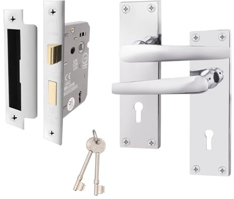 EAI Polished Chrome Door Handle Key Lock Set | 1 Pair Internal Keylock Handles with Lock (64mm) | Straight Pattern