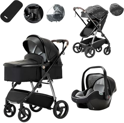 Lnhcrbs Kinderwagen 3 in 1,Kinderwagen Set ist ein mit einer Hand faltbarer Aluminiumrahmen, Bergsteiger Kinderwagen ist aus Leder, wasser- und schmutzabweisend, Für 0-4 Jahre, 22KG(Schwarz)