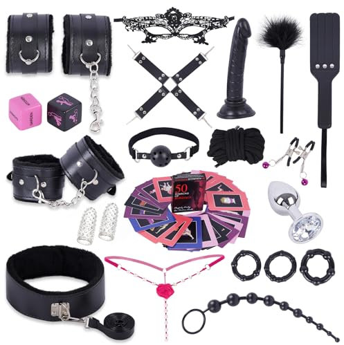 BDSM Sex Bondage Sexspielzeug Set, Extrem Fesseln Set mit Handschellen Fußfesseln Peitsche Nippelklammern Knebel Analplug und Spitze Augenmaske, 25 Stück SM Fesseln Spielzeug Hart für Paare