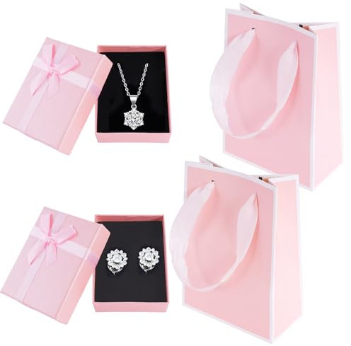 YFPOPONE 2 Stücke Schmuckschatullen mit Geschenkbeutel,9 x 7 x 3 cm,Schmuck Geschenkboxen,Geschenkverpackung Schmuck mit Schleife zum Ohrringen und Halskette,Geschenkbox Kleine mit Deckel (Rosa)