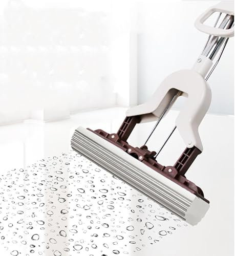 Sponge Mop, PVA Sponge Mops for Floor Cleaning with Stainless Steel Handle and Replacement Absorbent Foam Head, Hands Free Squeeze Mops for Hardwood Laminate Tile Floors (With 3 Reusable Sponge Heads)