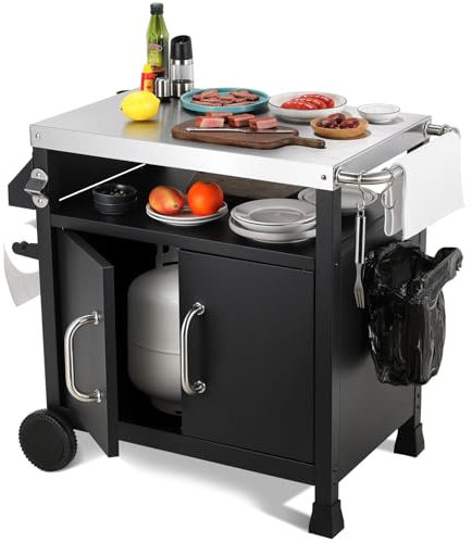 Chariot de Barbecue en Acier Inoxydable,Table de Barbecue avec Crochets roulettes et Armoire,Chariot BBQ 3 Niveaux Plateau de Table INOX,Desserte de Jardin Extérieure avec Table D'appoint