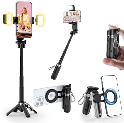 CloudValley Mini Magnetic Selfie Tripod with 2 Fill Lights, 3 in 1 Pocket Phone Tripod with 360° Rotation, Detachable Bluetooth Remote Control