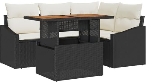 vidaXL Garten Essgruppe mit Kissen Schwarz und Creme 100 x 55 x 73 cm, Flexibles Garten-Set, modernes Esszimmer im Freien, rechteckiger Akazienholztisch, modulare Sitzgruppe, Terrassenlounge