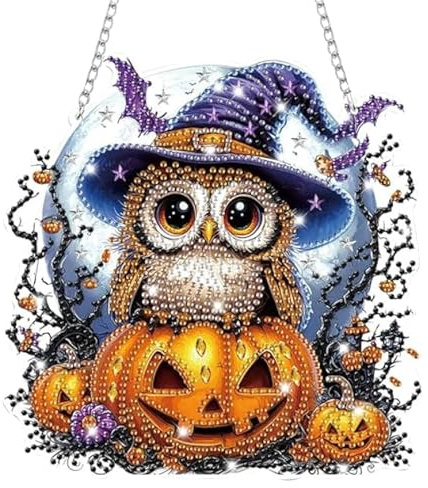 MLPKOI Halloween Diamond Painting Anhänger Eule mit Kette, Diamant Malerei Bilder Kristall Anhänger, Diamond Painting Fensterbilder Eule Kürbis Herbst Deko Fenster, Tür Fenster Wand Eingang Decor