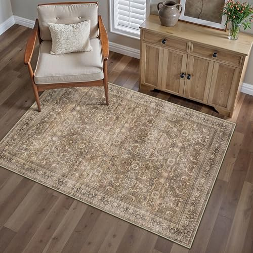 PureCozy Waschbarer Braun Teppich Wohnzimmer 80x150cm Vintage Tepich | Kurzflor Rutschfest,Weich Boho Retro Carpet,Leicht,Schlafzimmer,Esszimmer,Kinderzimmer,Büro