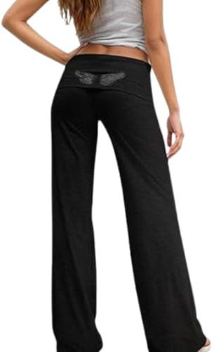 Sequin Angel Wings Fold Over Yoga Pants for Women,Low Rise Straight Leg Sweatpants,Stretchy Lounge Sweater Pants Suit (DE/NL/SE/PL, Alphanumerisch, M, Regular, Regular, Black Pants)