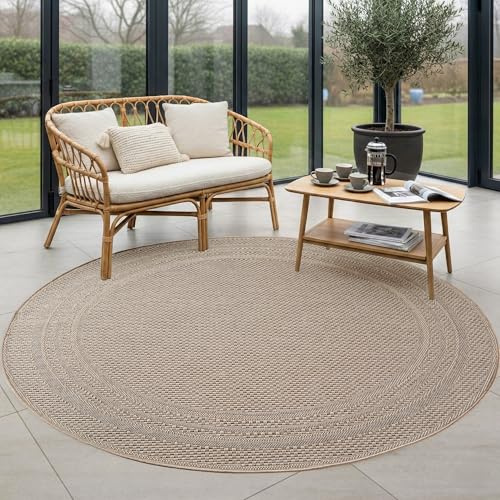 Carpettex Outdoor Teppich Rund 200 cm Beige, Wetterfest UV beständig, Garten Terrasse Wohnzimmer Esszimmer Teppich Indoor Outdoor, Einfarbig mit Bordüre Pflegeleicht robust für stark genutzte Bereiche
