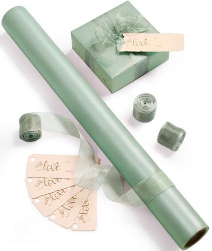 Vitalizart Salbeigrünes Perlglanz-Geschenkpapier 43 cm x 5 m | Geschenkpapierrolle & Organza-Bänder & Geschenkanhänger Set für Valentinstag, Hochzeit, Geburtstag, Weihnachten, Babyparty