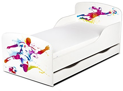 Leomark Holz Einzelbett mit Matratze - Football - Kinderbett mit Schubladen für Bettwäsche + Lattenrost, Komplett Set, Liegefläche 70/140 cm, UV-Druck