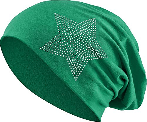 Jersey Baumwolle elastisches Long Slouch Beanie Unisex Herren Damen mit Strass Stern Steinen Mütze Heather in 35 (2) (Dark Green)