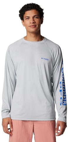Columbia Men's Terminal Tackle Long Sleeve Fishing Shirt, Cool Grey/Vivid Blue Logo, XL Tall