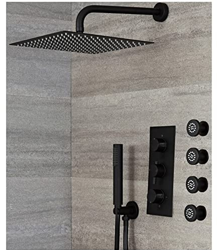 MILANO Thermostatic Mixer Valve 300mm Shower Head Handset Body Jets Black