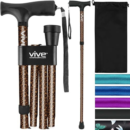 Vive Folding Cane - Foldable Walking Cane for Men, Women - Fold-up, Collapsible, Lightweight, Adjustable, Portable Hand Walking Stick - Balancing Mobility Aid - Sleek, Comfortable