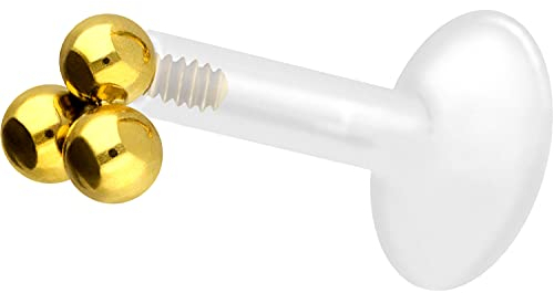 PIERCINGLINE PTFE Labret mit Gewinde TITAN AUFSATZ 3 KUGELN Piercing Lippe Nase Ohr Helix Goldfarben 1,6 x 10 mm