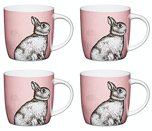 KitchenCraft China 'Rabbit' Barrel-Shaped Printed Animal Mugs, Tea or Coffee Cups, Microwave & Dishwasher Safe, 425 ml - Pink (Set of 4)