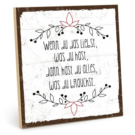 TypeStoff Holzschild mit Spruch – Zufriedenheit – im Vintage-Look mit Zitat als Geschenk und Dekoration zum Thema Genügsamkeit - HS-00925