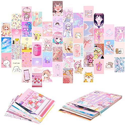 50 STÜCKE Comics Wandkunst Collage Kit, Anime ästhetisches Wand-Dekor Kunstposter für Wandkunstdruck für VSCO Mädchen Jungen Foto-Schlafzimmer (Pink)