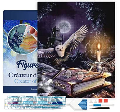 Figured'Art Diamond Painting Erwachsene 40x50cm Mit Rahmen Ganze Leinwand gespannt Magische Eule 5D Bilder Eckige Steine - DIY Set Basteln