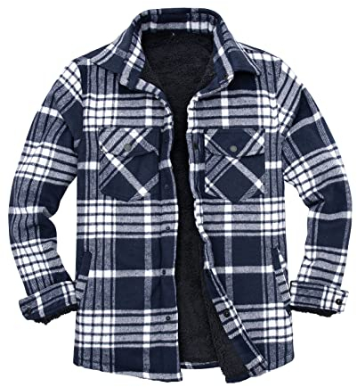 ZENTHACE Herren Sherpa gefüttert Flanellhemd Jacke für Männer Fleece gefüttert Buffalo Plaid Flanell Jacke (alle Sherpa gefüttert) Navy Weiß XXL