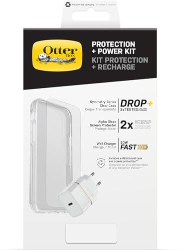 OtterBox Sturzschutz Bundle für Apple iPhone 13 Pro Max, Symmetry Clear Schützende Dünne Hülle, Alpha Glass Displayschutz und EU USB-C 20W USB-C PD Schnellladegerät, Weiß