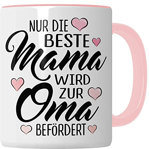Oma Tasse mit Spruch, Nur die beste Mama wird zur Oma befördert, Geschenk Großmutter, Baby Ankündigung Reveal Geschenkidee Kaffeetasse Enkel (Weiß/Pink)