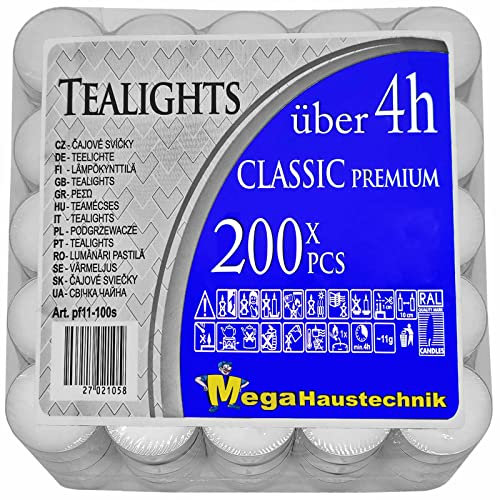 200 Stück Teelichter Premium Qualität in 100er Packs weiss über 4 Stunden lange Brenndauer Rußfrei unbeduftet Aluminium Hülle Kerzen Stövchen Gastro Deko Party Großpackung