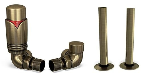 UK Radiators Antique Brass Thermostatic Radiator Valves and Corner Lockshield Valve - Brushed Antique Brass Finish - Modern Design 1/2 x 15mm Corner Radiator Valves with 130mm Pipe Covers