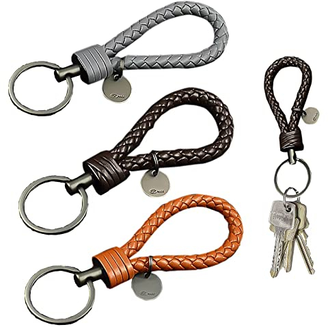 Porte-Clés en Cuir Tressé 3 pièces porte-clés en acier inoxydable porte-clés voiture anneaux supplémentaires pour petites clés porte-clés cuir véritable femmes et hommes idéal pour voiture moto vélo