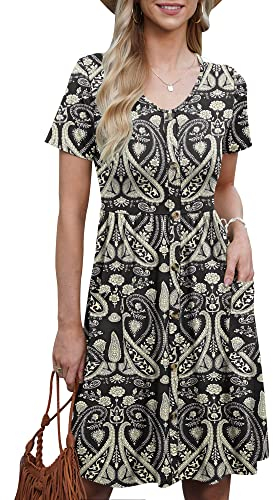 AUSELILY Womens Summer Dress Short Sleeve Knee Length Dress Casual Empire Dress A Line Swing Dresses with Pockets