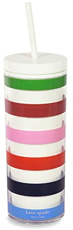 Kate Spade New York Acrylic Tumbler with Lid and Straw, 24 oz Tumbler, Slim Double Wall Tumbler, Adventure Stripe