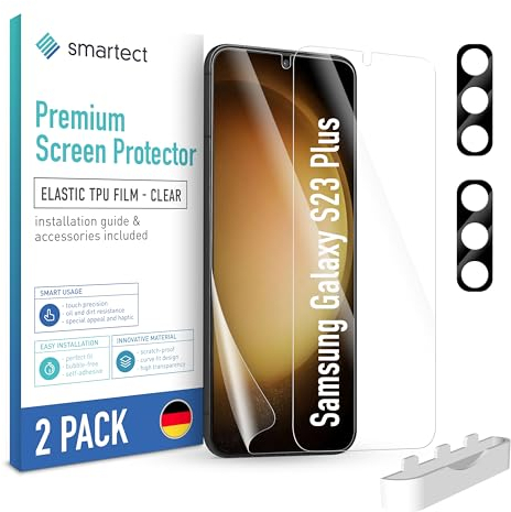 smartect TPU Protector de Pantalla [2 + 2 Piezas] para Samsung Galaxy S23 Plus, Pantalla + Cámara, Cubre toda la Pantalla, Película Protectora sin Burbujas, Anti-huella