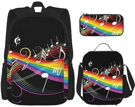 Rainbow Musical Note Melody Printed Casual Backpack With Lunch Box Pencil Case Laptop Backpack Travel Daypack