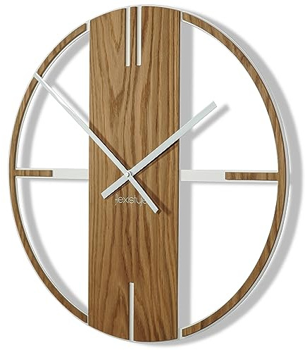 FLEXISTYLE Wanduhr groß aus Metall Unique für Wohnzimmer, Schlafzimmer, Büro, 50 cm Durchmesser, modernes Design ohne tickgeräusche (Weiß & Holz)