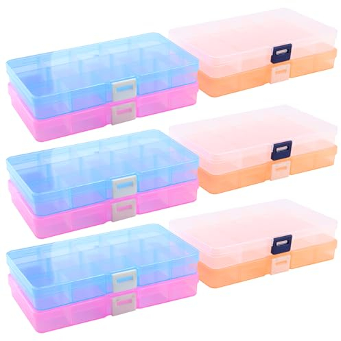 DAKFOOK 12 Pack 15 Grid Bead Organiser Storage Box,Colored Craft Bead Storage Boxes with Removable Compartments, Bead Jewellery Divider Organizer Box for Crafts Sewing Art Diamond Screws