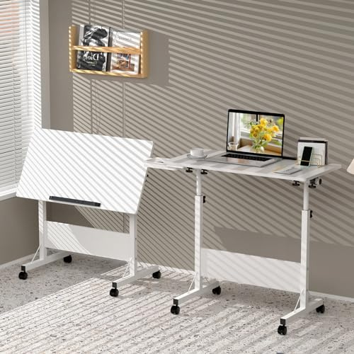 Table de Bureau Pliante Réglable en Hauteur 80x40x65-88 cm, Table de Lit pour Ordinateur Portable avec Roulette, Informatique Pliable pour Domicile, Blanc