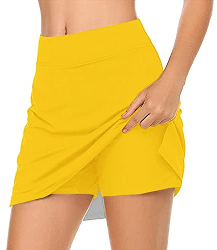 Tennisrock für Damen, lässig, einfarbig, für Yoga, Sport, Rock Shorts, elastisch, kurz, Gelb, XL, gelb, X-Large