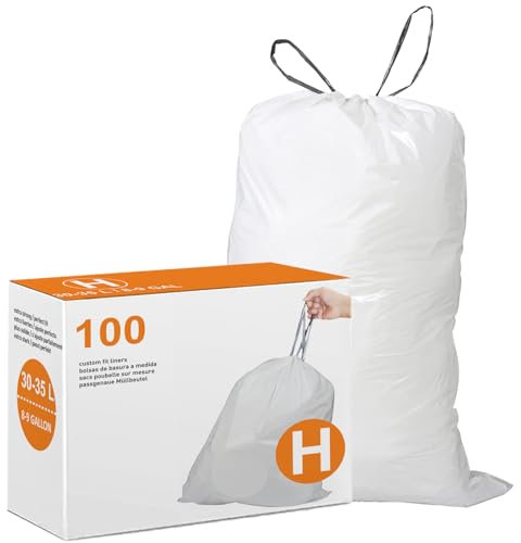 DisplayForever Code H Drawstring Trash Bags Compatible with simplehuman Code H | 8-9 Gallon 30-35 Liter | 100 Count | 1.2 Mil | Heavy Duty White Custom Fit Garbage Liners (Pack of 1)