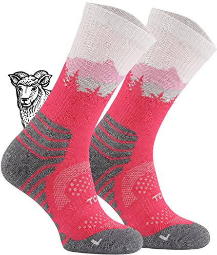 TODO BP Dünn Merino Wandersocken Kinder 55% Merinowolle Socken. Also TrekkingSocken für Damen, Herren Atmungsaktiv Funktionssocken Outdoor (Falcon Fuchsie, 27-30)