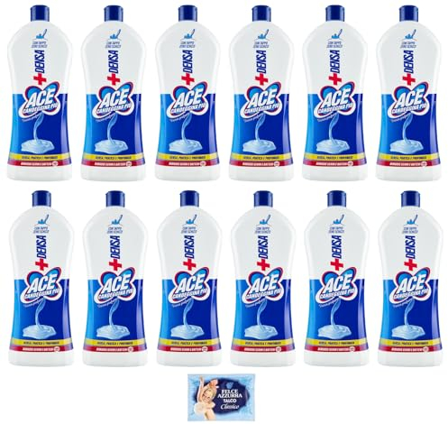 12x Ace Candeggina Più +Denso Fresco Profumo - igienizza superfici e bucato in profondità - Bottiglia Squeeze 1Lt + 1 Confezione di Talco Felce Azzurra in omaggio, Busta da 100g