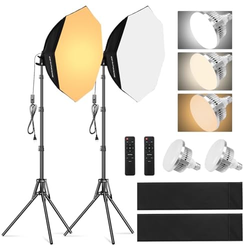Soonpho Softbox Set Fotostudio, Octagon Softbox Fotolicht Set mit Lichtstative 22Inch/55cm, 3000-6000K Studioleuchten für Studio Videoaufnahmen Porträts, 2 x 85W Fotolicht mit Fernsteuerungio