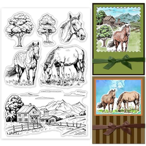GLOBLELAND Klare Stempel Mit Pferdefarm Zum Basteln von Karten Baum Klare Stempelsiegel Transparente Stempel Für DIY Scrapbooking Fotoalbum Tagebuch Heimdekoration